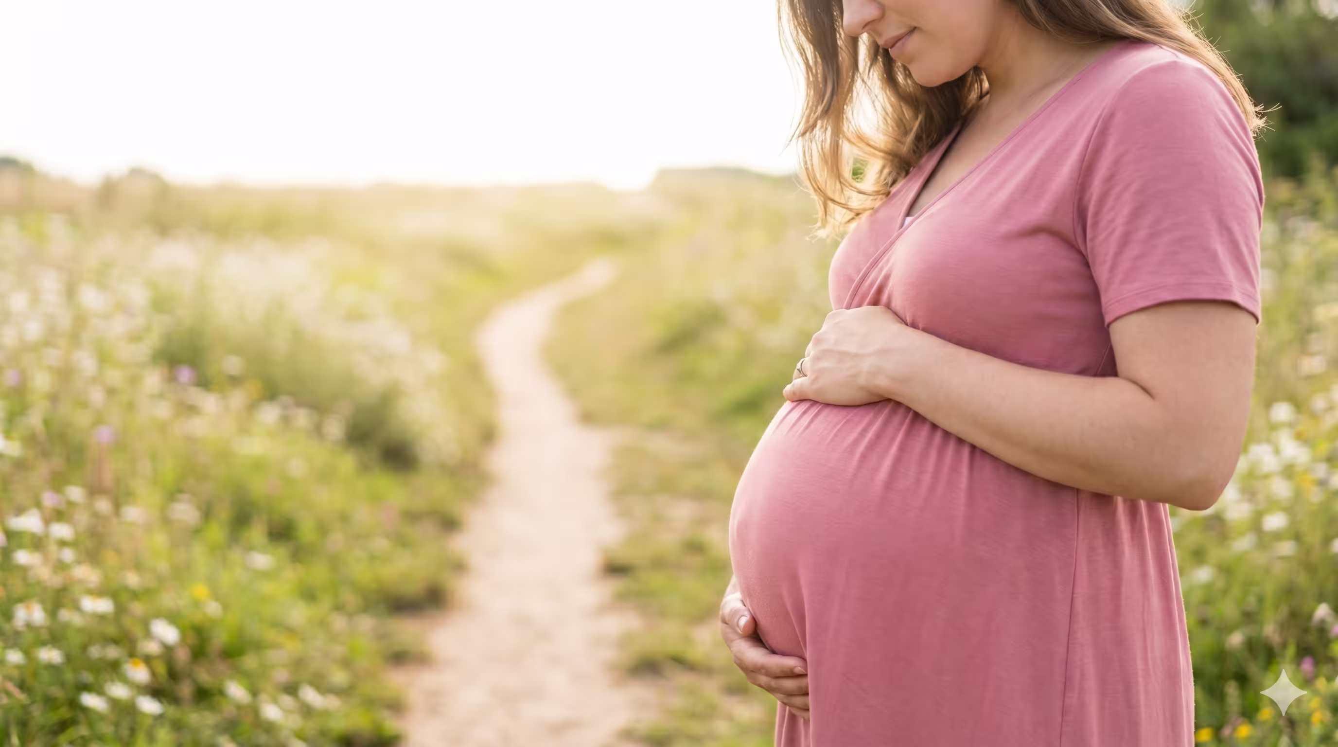 Mujer embarazada acariciando su vientre en un entorno natural