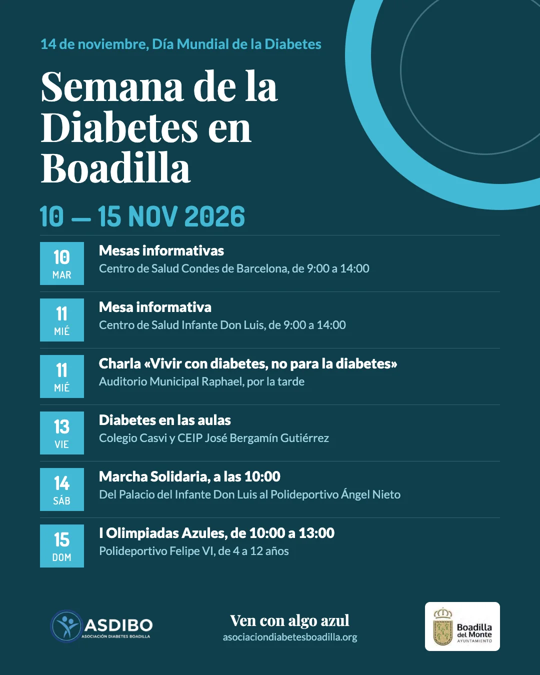 Cartel de la Semana de la Diabetes en Boadilla, del 10 al 15 de noviembre de 2026, con el programa de cada día