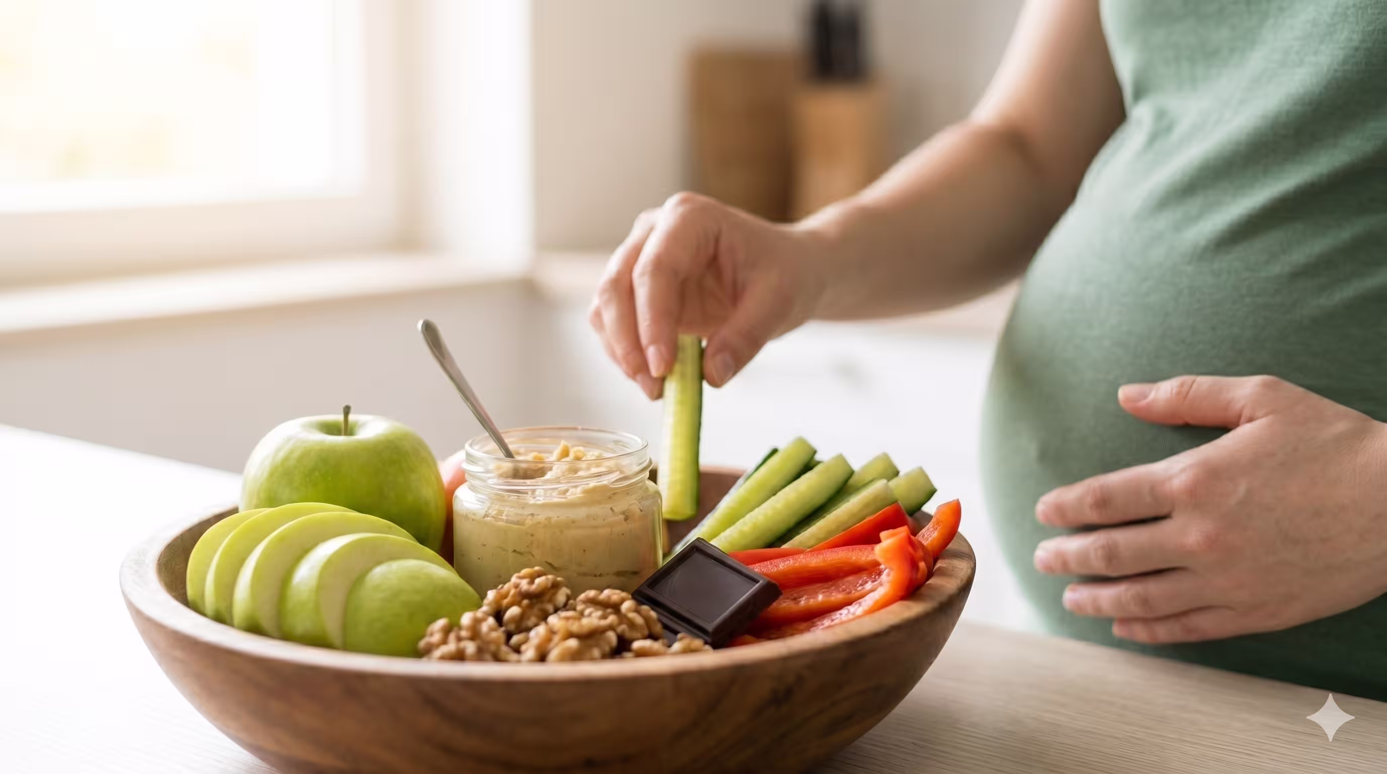 Mesa con diversos alimentos saludables como hummus, verduras y frutos secos